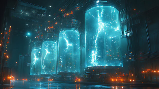 Energy surge traveling from lightning conductor into neon-lit power tanks below 