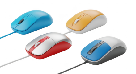 Four colorful computer mice arranged on a transparent background isolated on transparent background