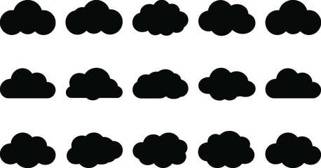 Cloud silhouette collection, black weather icons, fluffy sky shapes, cartoon vector clouds, storm and rain symbols, minimal design illustration set