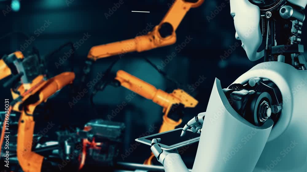 Aufkleber cybernated industry robot and robotic arms for assembly in factory production . concept of artificia