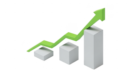Green upward trending arrow graph isolated on transparent background