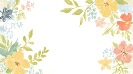 A delicate floral design, featuring pastel blooms and foliage, creates a soft, romantic border against a crisp white backdrop.