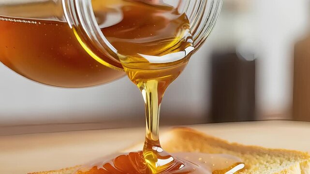 Golden honey drizzling over a slice of toasted bread on a wooden table with a cozy kitchen background
