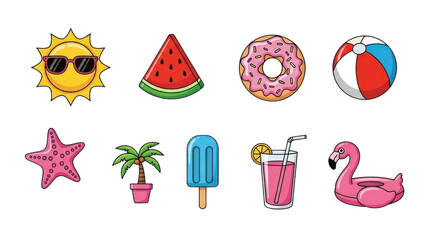 Collection of summer icons isolated on transparent background