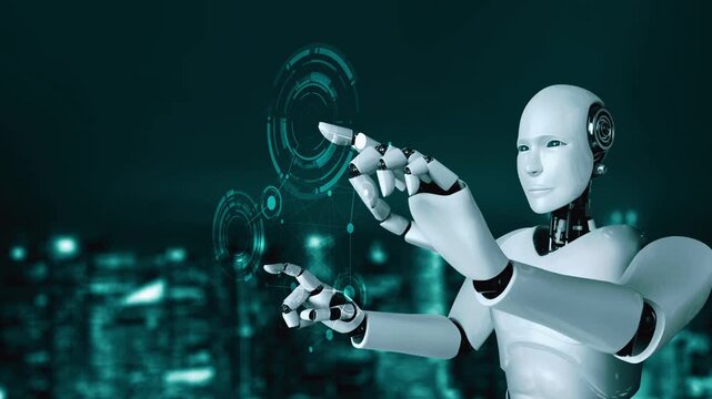 AI robot huminoid uses cloud computing technology to store data on online server . Futuristic concept of cloud information storage analyzed by machine learning process . 3D rendering .