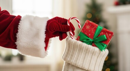 Santa filling a christmas stocking with a candy cane and a wrapped gift near a christmas tree