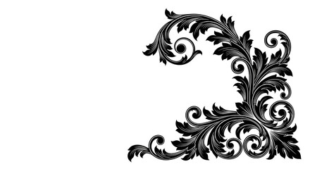 Fototapeta premium Ornate, black and white corner decorative design with leaf and scroll patterns.