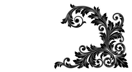 Ornate, black and white corner decorative design with leaf and scroll patterns.