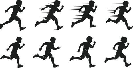 Young athlete's sprint silhouettes, capturing speed and motion, vector illustration set for fitness, sports, and health designs, dynamic running figures.