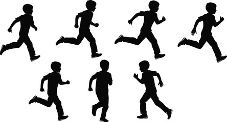 A set of seven energetic boy silhouettes in various running and jogging poses, depicting movement and an active lifestyle on a clean white background.