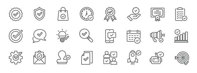 Set of collection line icons related checkmark, verified, approval. Editable stroke. Perfect pixel on transparent background