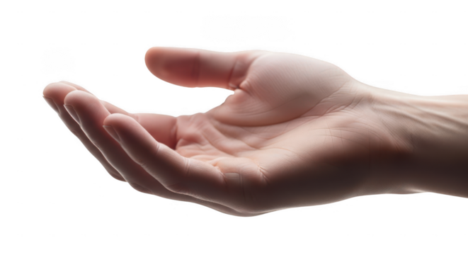 Open human hand reaching out for help isolated on transparent background