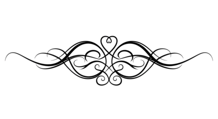 Elegant black-ink floral design, symmetrical swirls and hearts, decorative element.