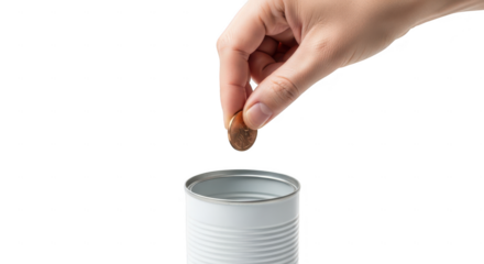 Hand dropping coin into empty tin can isolated on transparent background