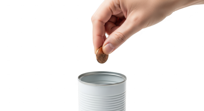 Hand dropping coin into empty tin can isolated on transparent background - Powered by Adobe