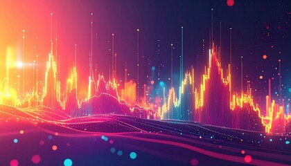 A vibrant landscape of luminous data visualizations, showcasing fluctuating trends with glowing, colorful lines and points, creating a dynamic and futuristic impression.