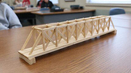Model Bridge Built with Wooden Sticks Demonstrating Engineering Principles in Classroom Setting