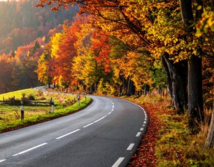 Obraz premium Autumn road winding through colorful forest