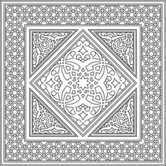 Obraz premium Detailed arabesque diamond pattern framed in square design, intricate geometric outline art for coloring, decoration, or Islamic ornament background.
