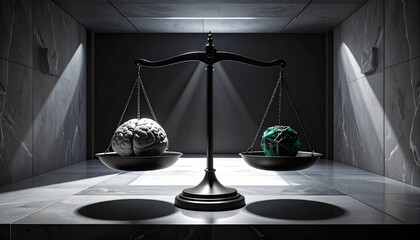 A dramatic, high-contrast image of scales of justice perfectly balancing a human brain against a green mineral rock, symbolizing a moral choice.