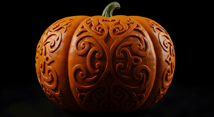Intricately Carved Pumpkin With Elaborate Swirling Patterns Against A Dark Background For Halloween