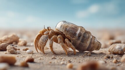 Close-up View of a Hermit Crab on a Sandy Beach with Ocean Background, Natural Habitat, Sea Life, Coastal Ecosystem, Detailed Shell, Macro Photography