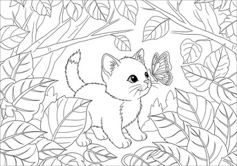 A black and white line art illustration of an adorable kitten exploring in the forest, surrounded by leaves and branches, with a butterfly perched on its nose, designed for coloring pages