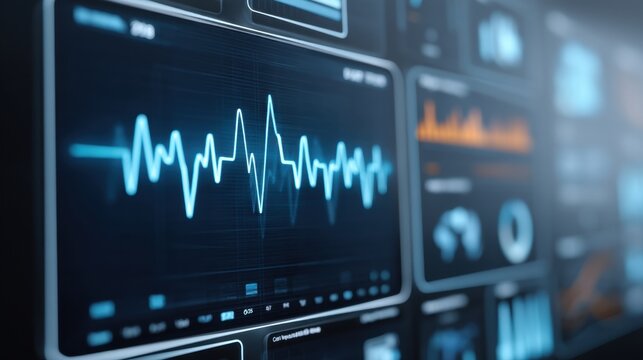 Futuristic Medical Monitoring Interface with Vital Signs Graphs and Data Analyses Displayed on High-Tech Screens for Healthcare Technology Usage