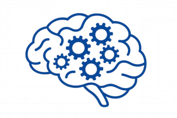 Brain outline with gears inside representing artificial intelligence, logical thinking, and cognitive processes