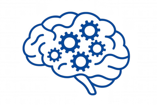 Brain outline with gears inside representing artificial intelligence, logical thinking, and cognitive processes