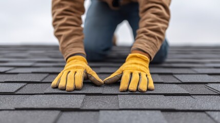 Skilled Roofer Installing Shingles on Residential Roof, Focus on Hands Wearing Yellow Gloves, Gray Shingles, Overcast Sky
