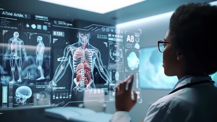 Black female doctor in glasses using futuristic touchscreen interface to analyze human anatomy - Powered by Adobe