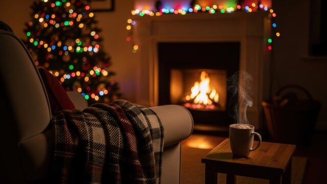 A cozy Christmas scene at night with a lit fireplace and decorated tree.