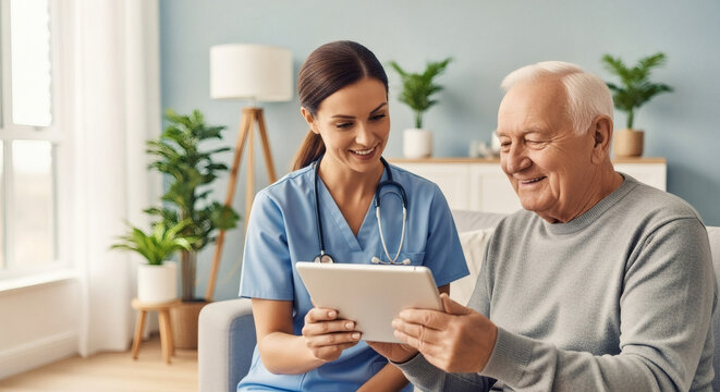 Dedicated healthcare professional offers personalized in-home care and digital assistance to an elderly man, promoting well-being, independence, and modern senior support.