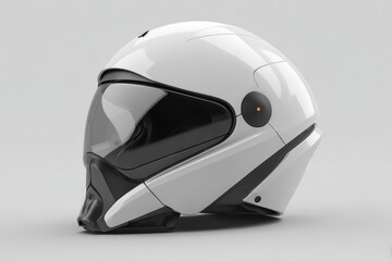 Fototapeta premium Sleek white futuristic helmet with a tinted visor and modern aerodynamic design on a white background.