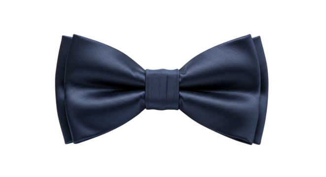 Elegant dark blue satin bow tie on white background