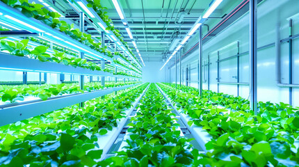 Futuristic Vertical Farm with Rows of Lush Green Plants Under Blue LED Lights.