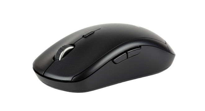 Sleek black wireless computer mouse on a white background