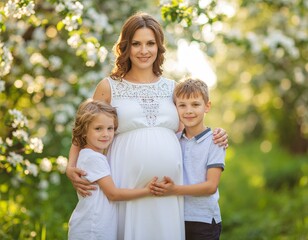 Fototapeta premium Pregnant Mother and Sons Embrace in Blooming Orchard Family Portrait.