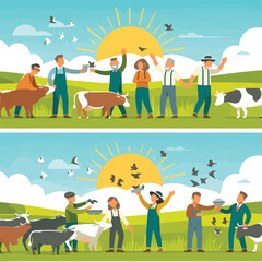 Vector image of a person feeding a cow
