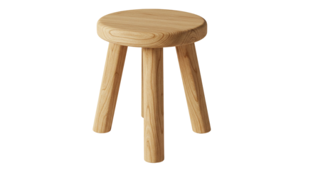 Simple wooden three legged stool on white background