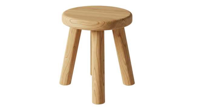 Simple wooden three legged stool on white background