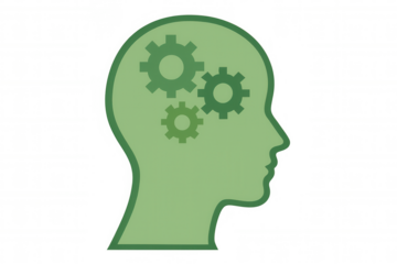 Human head profile illustrating mental process with gears inside, symbolizing intelligence, thinking, and cognitive function on transparent background
