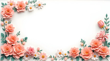 Pink Peach Rose and Daisy Floral Frame on White Background for Wedding or Invitation Design