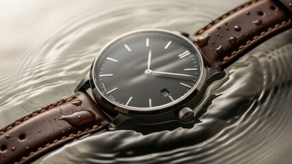 A classic, elegant wristwatch with a brown leather strap partially submerged in water.