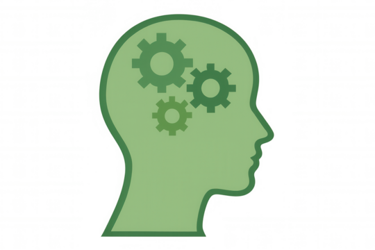 Human head profile illustrating mental process with gears inside, symbolizing intelligence, thinking, and cognitive function on transparent background