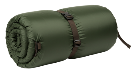 Rolled up olive green camping sleeping bag with zipper