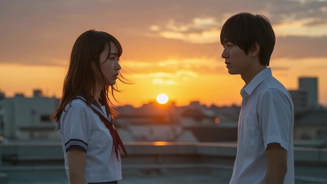 夕焼け空の下、屋上で向き合う高校生の男女