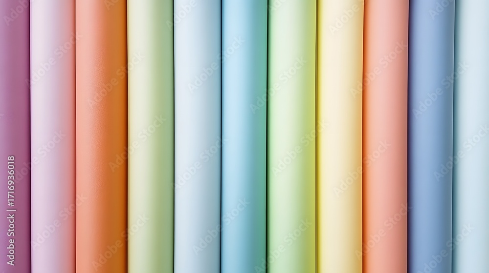 Poster a vibrant array of pastel-colored rolls of paper creates a cheerful and harmonious visual display.