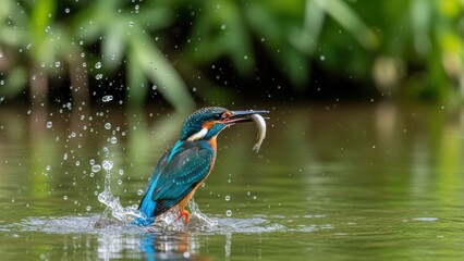 A kingfisher with a fish, creating a splash as it comes out of the water.